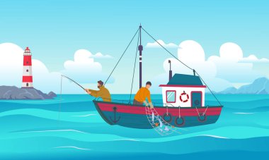 fishing background. fisherman with rods standing on boat in ocean vector sailors outdoor cartoon template