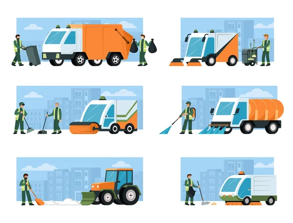 Urban Cleaning Transport Trucks Tractors Heavy Machines Cleaning Services City — Διανυσματικό Αρχείο