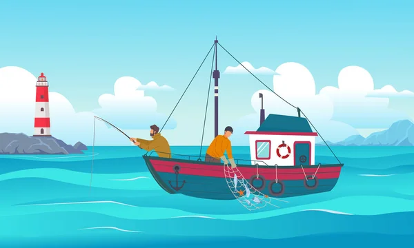 Fishing Background Fisherman Rods Standing Boat Ocean Vector Sailors Outdoor — ストックベクタ