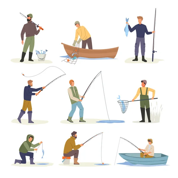 Vissers Actieve Outdoor Hobby Voor Mannelijke Personages Man Met Hengels — Stockvector