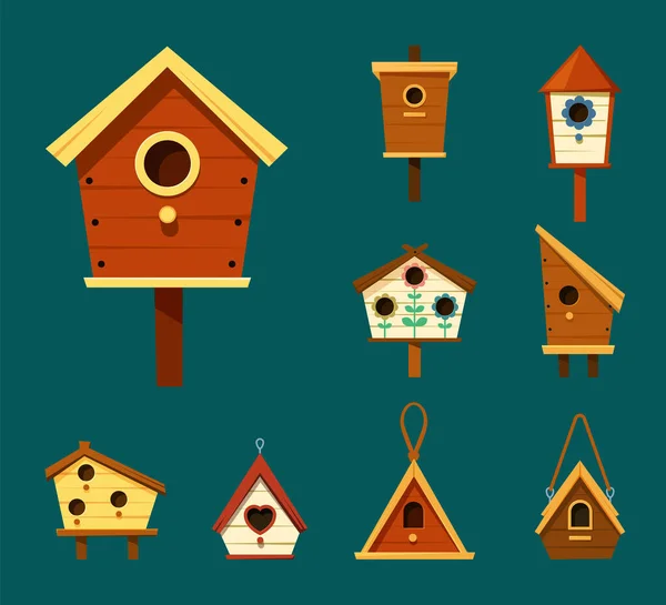 Birdhouse Birdhouse Esterno Legno Volo Cinguettio Passeri Uccelli Cartone Animato — Vettoriale Stock