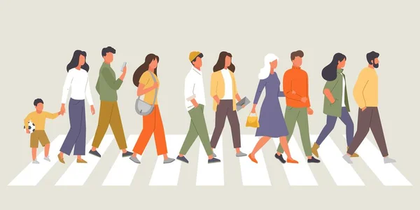 Gyalogos Átkelőhely Sétáló Utcai Férfi Női Karakterek Lábon Mozognak Vektoremberek — Stock Vector
