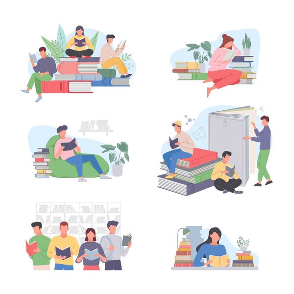 Чтение людей. студентов с книгами, читающих в библиотечных учебных процессах. Векторные изображения
