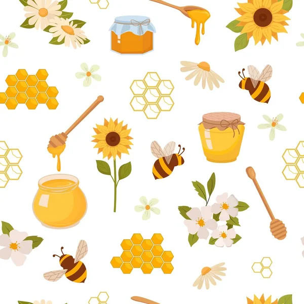 Μελίσσια Κηρήθρα Μελιού Μελισσών Και Απεικόνιση Λουλουδιών Για Σχέδιο Υφασμάτων — Διανυσματικό Αρχείο