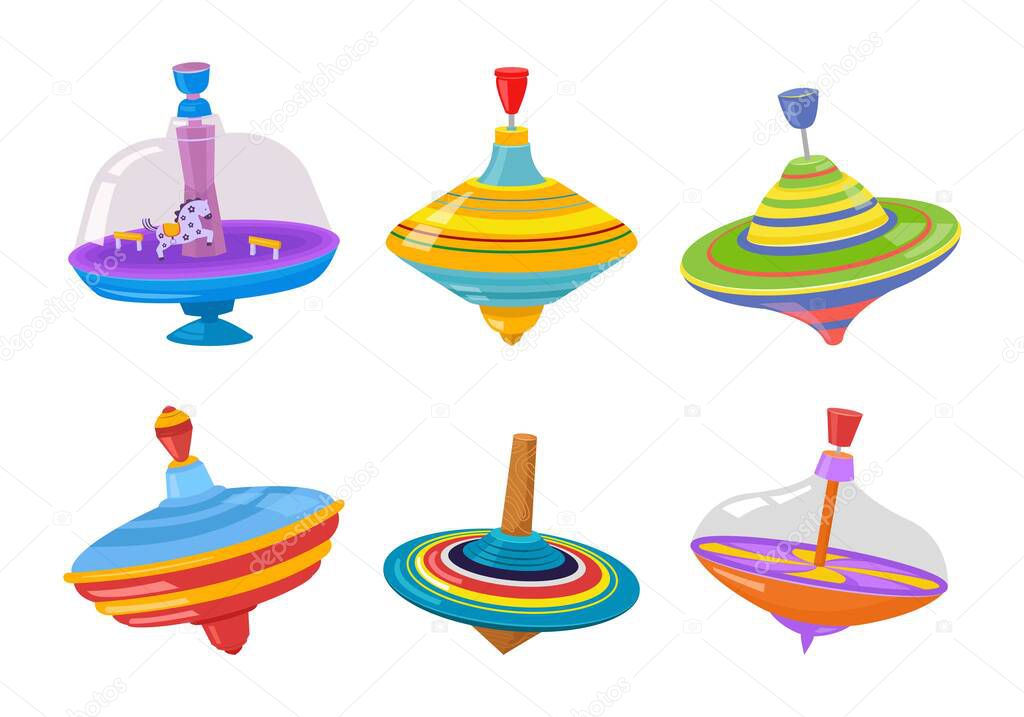 spinning top. colored rotated games for kids gyroscope twirl. Vector cartoon illustrations templates