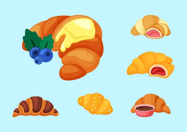 Croissant Panadería Comida Fresca Con Deliciosos Trozos Crema Chocolate Rodajas — Vector de stock