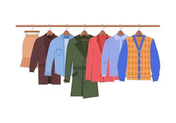 Kleding Aan Hangers Casual Outfit Mannelijke Vrouwelijke Garderobe Jurk Jassen — Stockvector