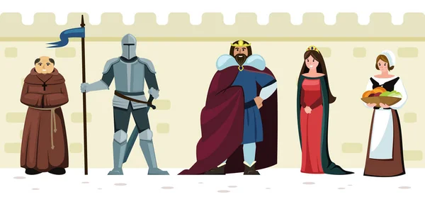 Personajes Medievales Fantasía Cuento Hadas Personas Reina Rey Caballero Hombres — Vector de stock