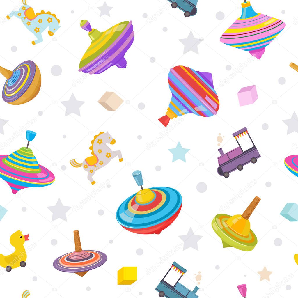 toys pattern. rotated funny games for kids twirl colored gyroscope. Vector seamless background textile design projects