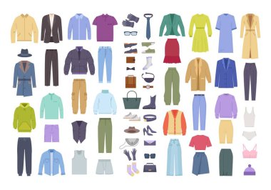 Sıradan kıyafetler. Erkek ve kadın karakterler için renkli modern gardırop pantolon ceket çorap moda aksesuarlar. Vektör elbise koleksiyonu seti