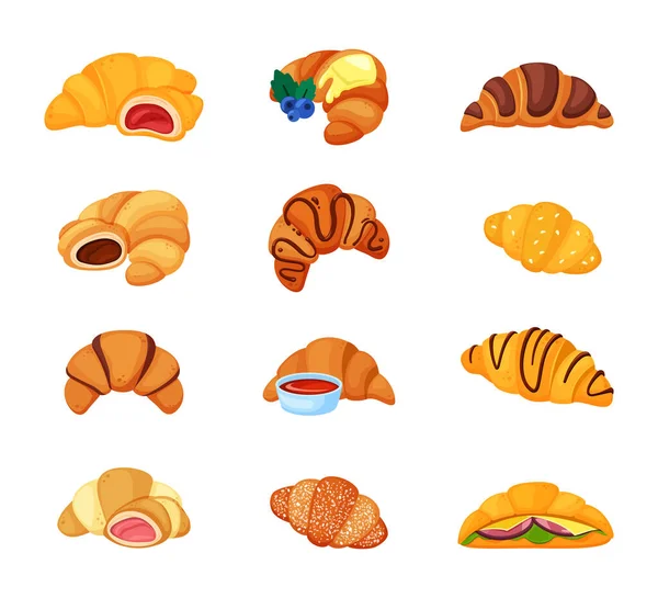 Croissant Tasty Bakery Products Strawberry Chocolate Cream Vector Colored Fresh — Archivo Imágenes Vectoriales