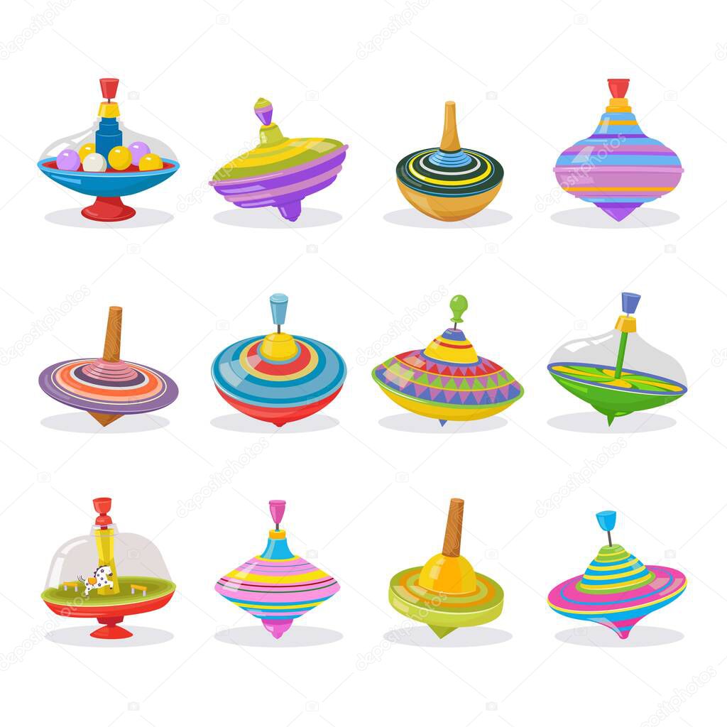 spinning top. colored twirl spinning children toys isolated on white background. Vector pictures set