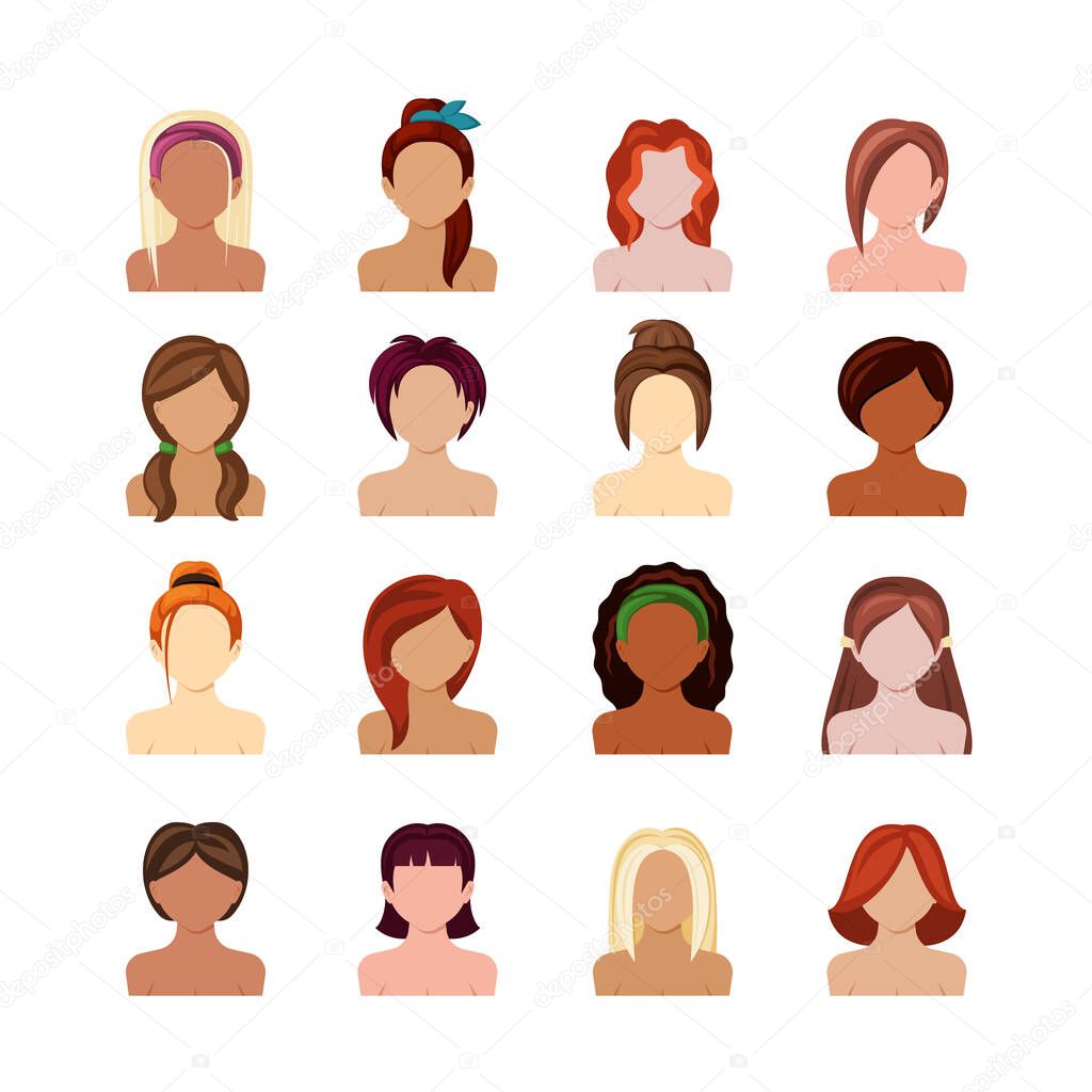 woman hairstyles. different types of short and long hairstyle for female characters. Vector fashion women illustrations
