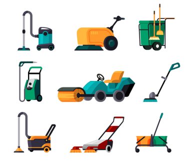Elektrikli süpürge. Endüstriyel temizlik hizmetleri üretimi için renkli araçlar. Vektör elektrikli süpürge çizimleri