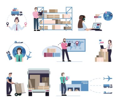 Lojistik. Ticari akıllı işlemleri farklı mallarla ihraç etmek ve nakletmek. Vektör seti