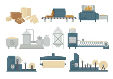 Paper Production. cardboard and paper making processes industry stages. Vector pictures isolated