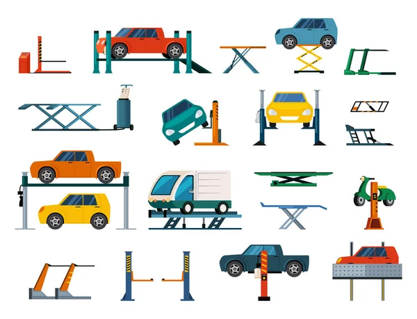 Car Lifting Mechanical Electrical Platforms Lifting Cars Vector Colored Illustrations — Vetor de Stock