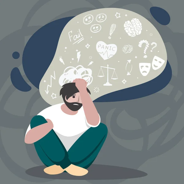 Mental Problem Man Bad Emotion Sitting Thinking Mind Problems Vector — Stock vektor