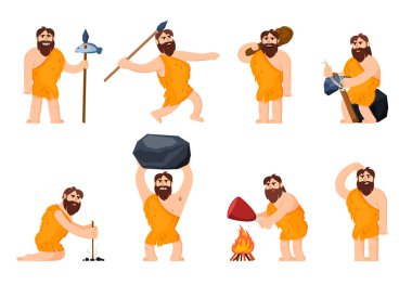 İlkel mağara insanları. Vahşi saldırgan tarih öncesi barbar karakterler av dövüşü yapıyor. Mağara insanlarının vektör çizimleri