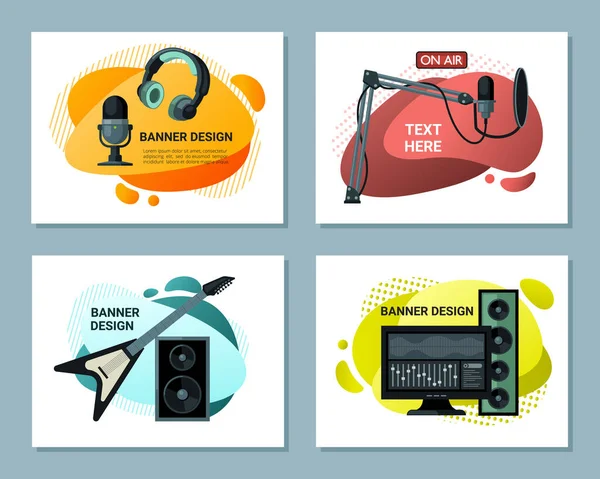 Music Banners Record Studio Music Production Items Loudspeakers Headset Microphone —  Vetores de Stock