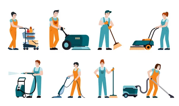 Cleaning Service Industrial Workers Cleaning Outdoors Vacuum Cleaners Washing Items — Image vectorielle