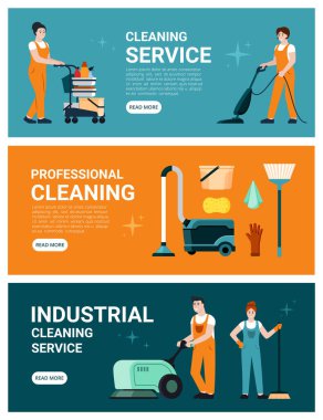 cleaning service banners. professional house workers vacuum cleaning tools. Vector horizontal banners print design