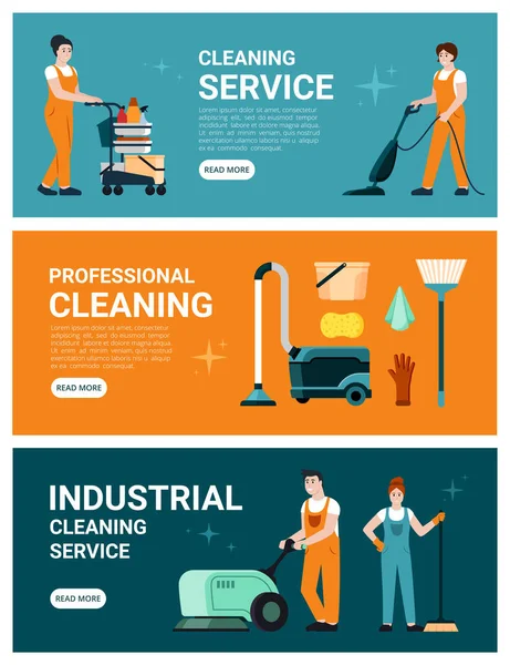 Cleaning Service Banners Professional House Workers Vacuum Cleaning Tools Vector — Stock vektor