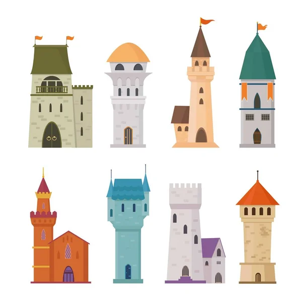 Замкові Вежі Казкові Історичні Будівлі Фентезійними Вежами Конструкції Векторного Стилю — стоковий вектор