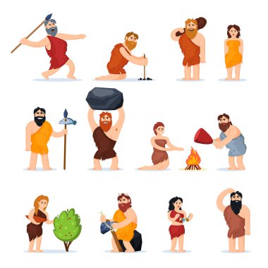 tarih öncesi insanlar. Saldırgan mağara adamı karakterleri barbar avcılara poz veriyor. Vektör karikatür resimleri