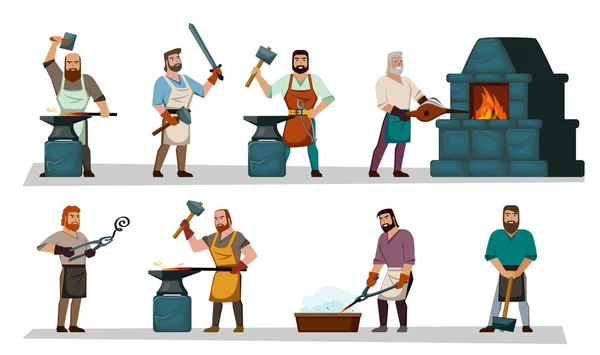 Blacksmith Workers Craftsmanship Making Steel Tools Armor Weapons Vector Cartoon — Διανυσματικό Αρχείο