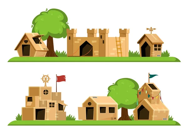 Cardboard House Various Buildings Paper Creative Architectural Construction Boxes Vector — Stock Vector