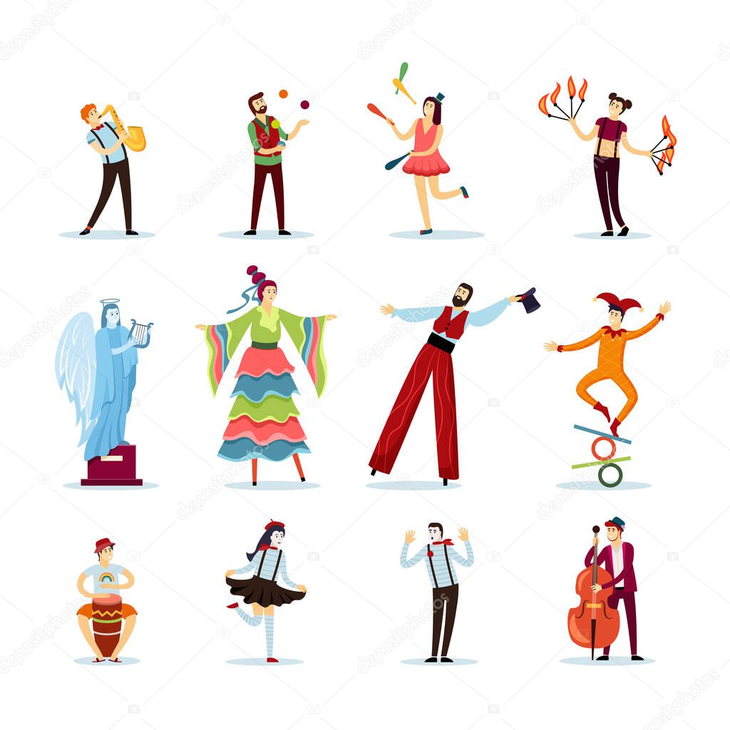 street performers. clowns jugglers dancers outdoor street entertainment artists in colored fashioned costumes. Vector illustrations