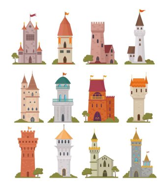castle towers. fantasy old style historical building with big towers. Vector illustrations in cartoon style