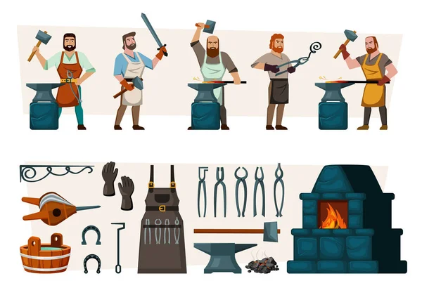 Blacksmith Fairytale Workers Making Steel Armor Weapons Vector Professional Character — Archivo Imágenes Vectoriales