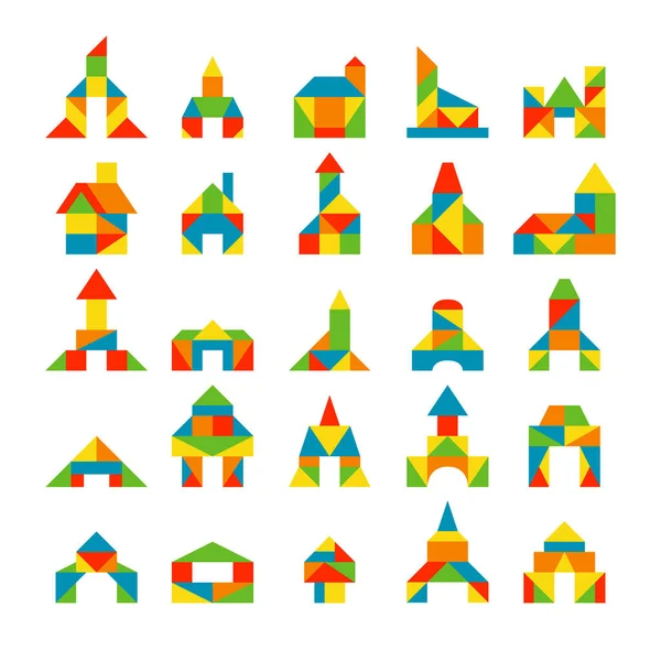 Tangram Puzzels Verzameling Driehoek Puzzels Verschillende Constructies Abstracte Huizen Grappige — Stockvector