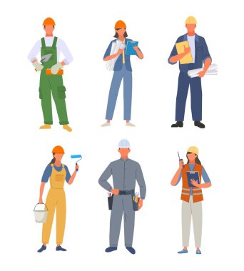 workers. people of different industrial professions engineers painters technicians in uniform clothes male and female persons standing. Vector set