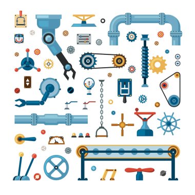 Dişliler. Mekanik ve robotik parçalar farklı otomatik taşıma mekanizmasına. Vektör endüstriyel konsept resimler düz stil