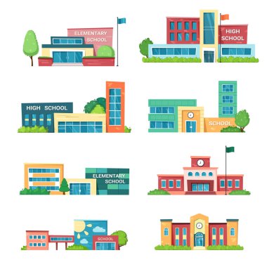 municipal buildings. knowledge houses for studying school institute college university architectural facades. Vector municipal constructions flat style clipart