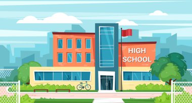 high school facade. urban landscape background with institute university building. Vector cartoon city municipal building
