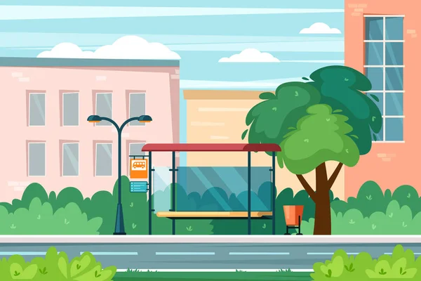 Bushaltestelle Städtische Hintergrundlandschaft Mit Haltestelle Warten Verschiedene Transportmittel Vektor Cartoon — Stockvektor