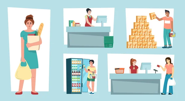 People Supermarket Male Female Characters Choosing Grocery Products Purchase Checkout — Vector de stock