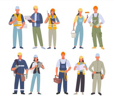 industrial workers. engineers painters electricians technicians architects builders standing together. Vector people workers