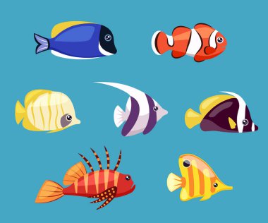 exotic fishes. river ocean aquarium underwater life colored fishes with various ornament. Vector wild animals