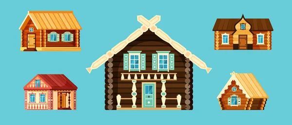 Rural Russian Houses Village Wooden Houses Vector Architectural Construction Cartoon — Stock vektor