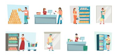 Piyasadaki insanlar. Erkek ve kadın insanlar marketten günlük market alışverişi yapıyorlar. Vektör karikatür resim koleksiyonu