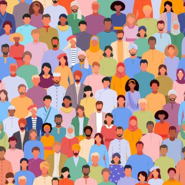 Çok ırklı kalabalık düzeni. Dünya çapındaki sendika erkek ve kadın çok kültürlü takımı kavramı. Vektörsüz renksiz arkaplan