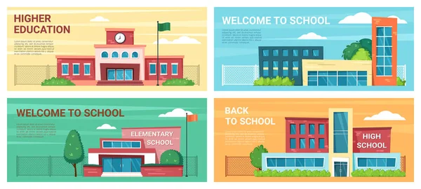 Knowledge Buildings Municipal School College University Horizontal Banners Vector Cartoon — Image vectorielle