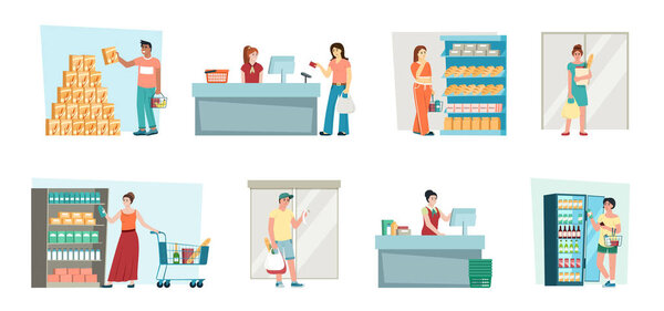 people in market. male and female persons buying grocery food daily routine purchase in supermarket. Vector cartoon picture collection