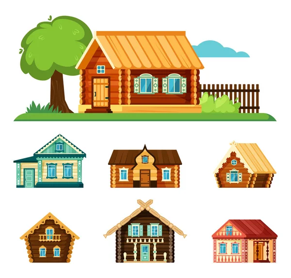 Rural Russian Houses Wooden Authentic Architectural Objects Villages Vector Houses — Stock Vector