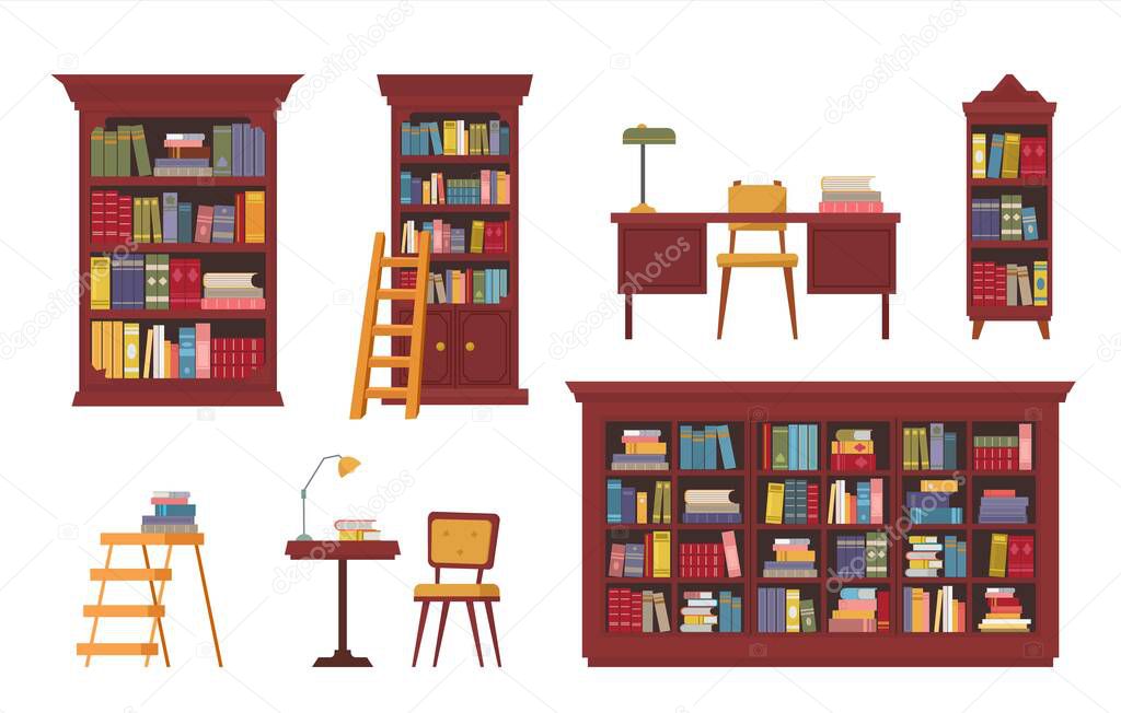 library. book shelves for library interiors symbols of knowledge wooden furniture for books novels. Vector literature concept cartoon